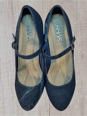 ANNA Navy Blue DENIM Mary Jane Block Heel Pumps - Size 11